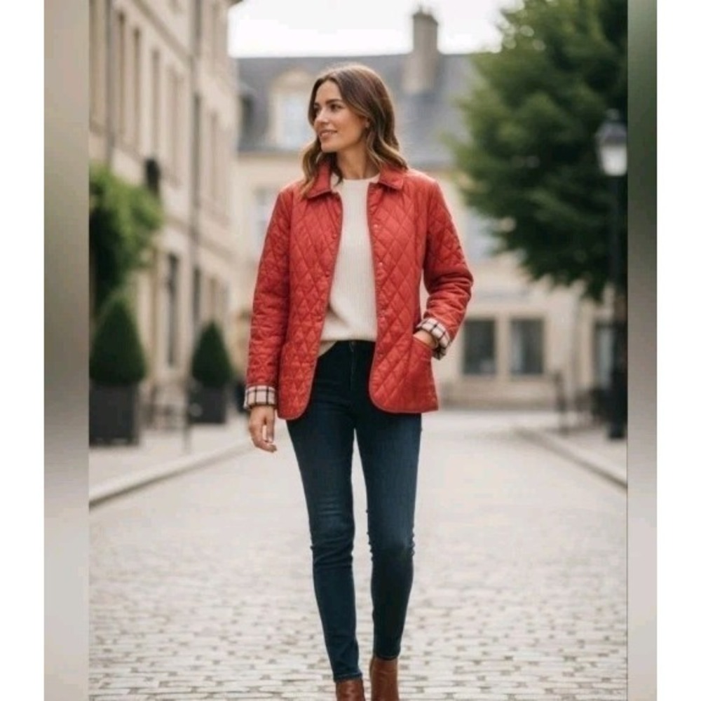 Brooks Brothers 346 Quilted Jacket Women's Sz 8 Brick Red Plaid Lined Snap Front